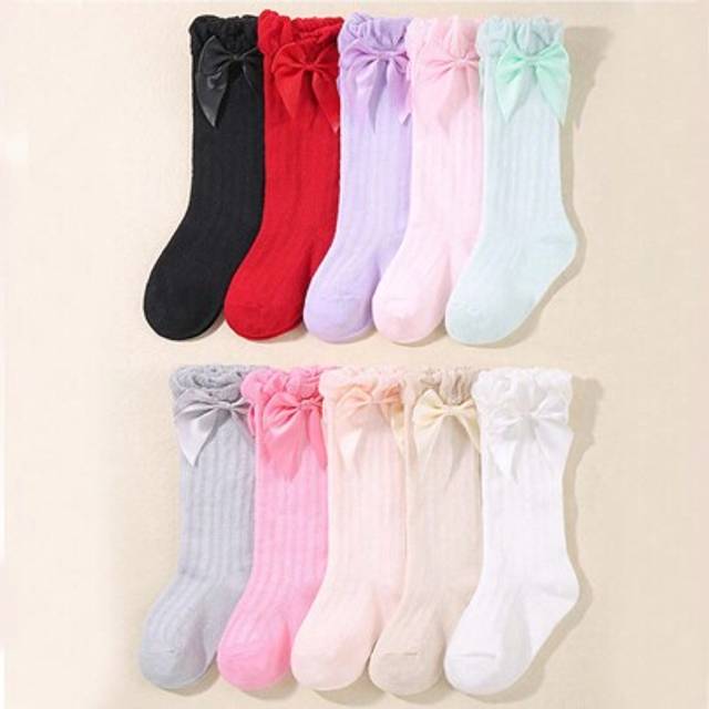 SHEIN 6pairs Assorted Solid Color Vertical Striped Bow Knee-High Socks For Babies