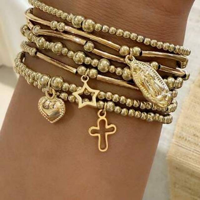 SHEIN 7pcs Elegant Gold Color CCB Bead, Cross & Virgin Mary Copper Pendant Bracelet Set With Star & Heart Decor, Fits Women Everyday Wear, Holiday, Party, F
