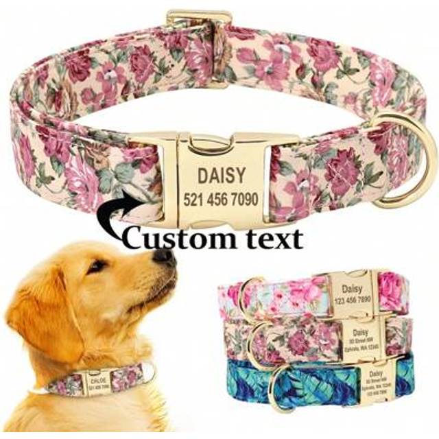 SHEIN Personalized Pet Dog Collar With Engraved Flower Print Design, Adjustable Anti-Lost ID Tag For Small, Medium And Large Dogs