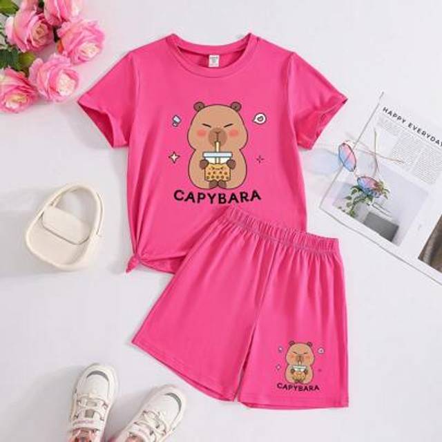 SHEIN 2pcs/Set Tween Girls Capybara & Bubble Tea Cartoon Print Round Neck Short Sleeve T-Shirt And Shorts, Cute Summer Outfit Sets For Girls Clothes Cute Se