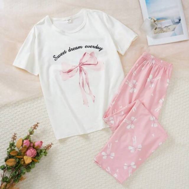 SHEIN 2pcs Cute & Simplistic Bow Print Pajama Set For Teenage Girls, Includes Shorts And Long Pants