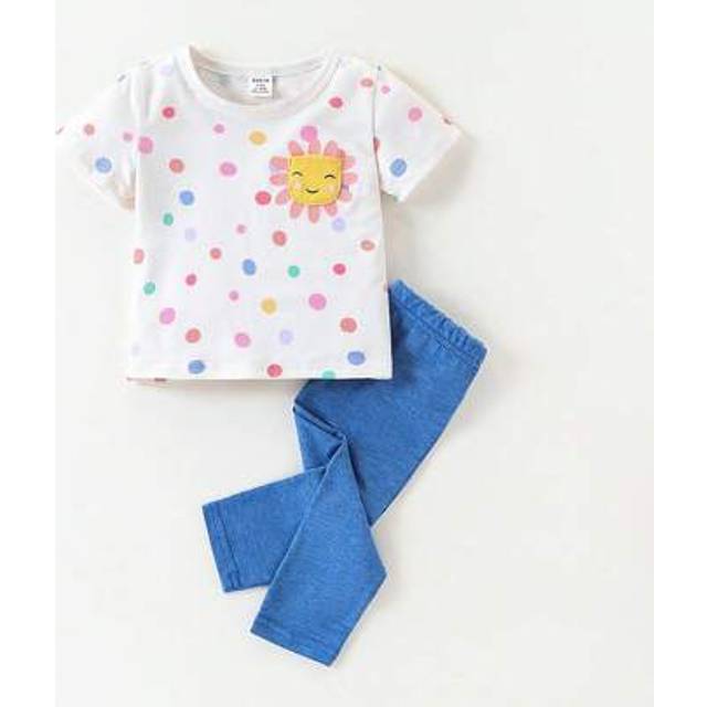 SHEIN Baby Girl Casual Cute Colorful Polka Dot Pocket Top & Leggings 2pcs Set, Suitable For Spring/Summer Outings, Daily Wear, Travel