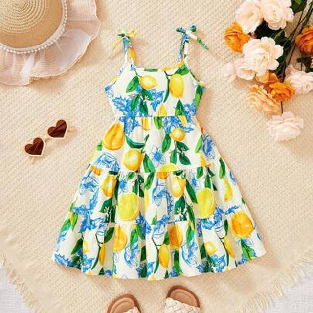 SHEIN Baby Girl Yellow Fresh Lemon Print Full Graphic Vacation Maxi Strap Dress Summer Dresses For Kids Girls Spring Dresses Baby Girl Clothes Women Summer
