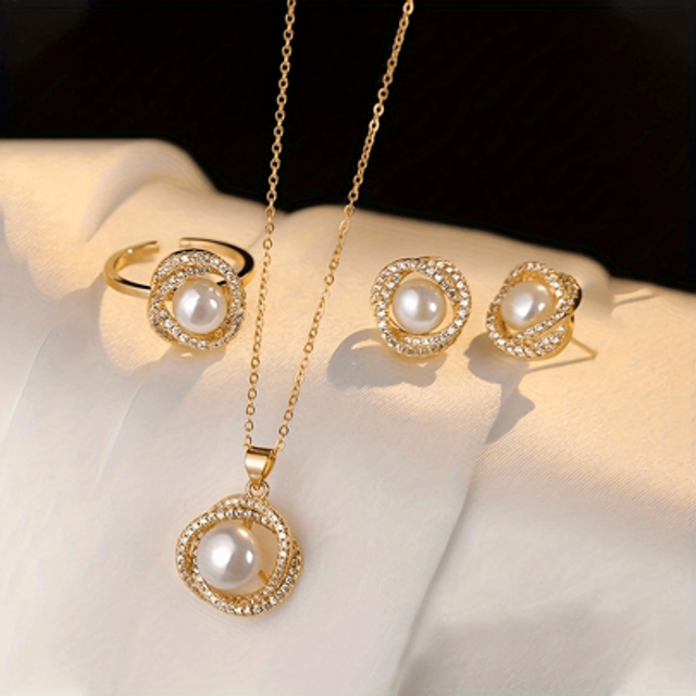 SHEIN 4pcs Elegant Pearl Studded Necklace Ring Earrings Jewelry Set For Women Wedding Party
