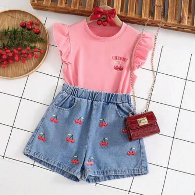 SHEIN Tween Girl Cherry Print Cap Sleeve T-Shirt & Denim Print Shorts 2 Pieces Set