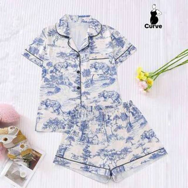 SHEIN 2pcs Plus Size Women Painting Style Printed Pajama Set - Short Sleeve Shirt With Lapel & Buttons And Loose Elastic Shorts, Suitable For Overweight, Pa