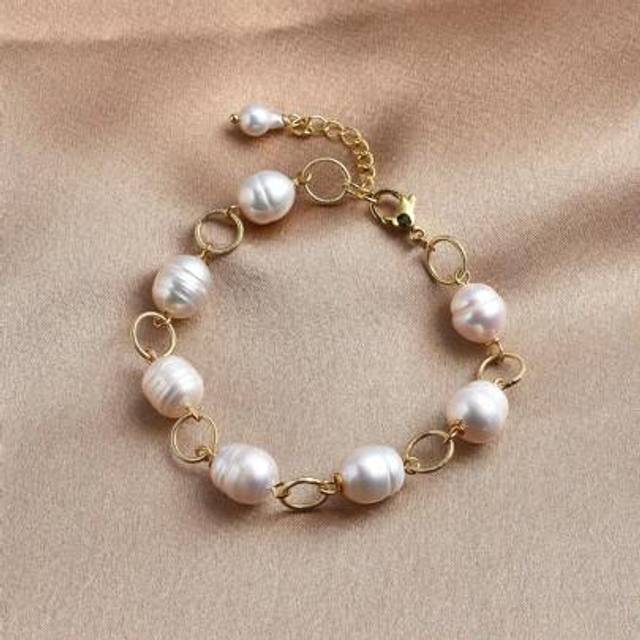 SHEIN 1pc 18K Gold Plated Natural Freshwater Pearl Bracelet, Suitable As Gift For Women, Wedding, Evening Parties