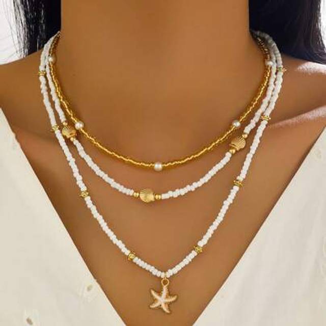 SHEIN 3pcs Boho Beach Style Metal Starfish & Shell Pearl Beads Adjustable Necklace For Women