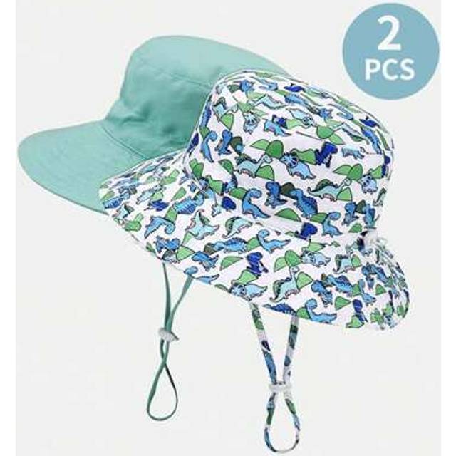SHEIN 2pcs Children&#39;s Adjustable Solid Color & Dinosaur Printed Sun Protection Breathable Bucket Hat For Outdoors And Daily Life