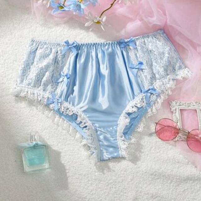 SHEIN Women&#39;s French Baby Blue Satin Briefs With Delicate Lace Trim And Ruched Detailing