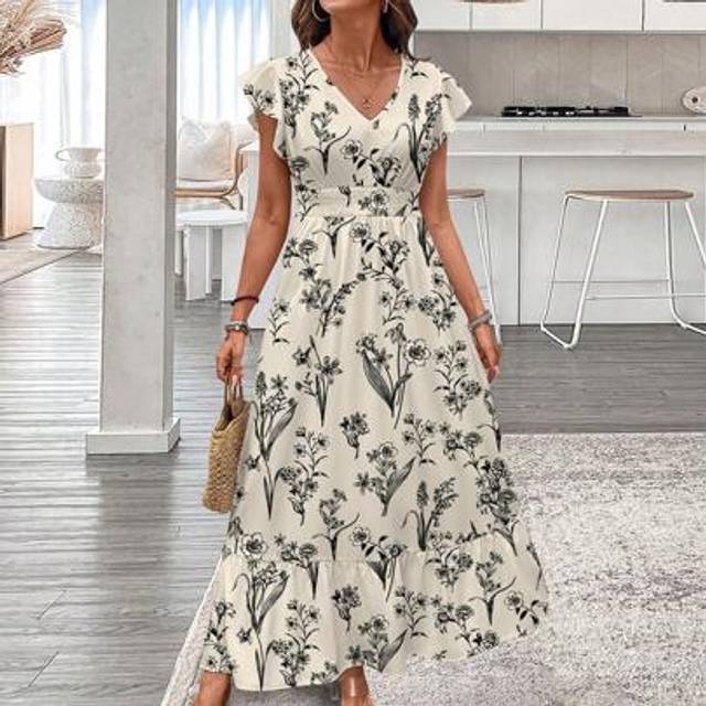 Luneh Shirred Floral Ruffle Trim Cap Sleeve Waist Cinched Ruffle Hem A-Line Maxi Dress, Vintage Leopard Print, Casual, Resort, Elegant Streetwear For Women,