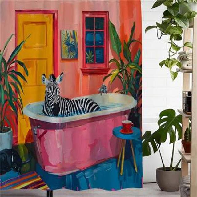 SHEIN Water-Resistant Polyester Shower Curtain With Vintage Bathtub Zebra And Green Plant Print, Artistic Design, Machine Washable, Includes 12 Hooks - Anim