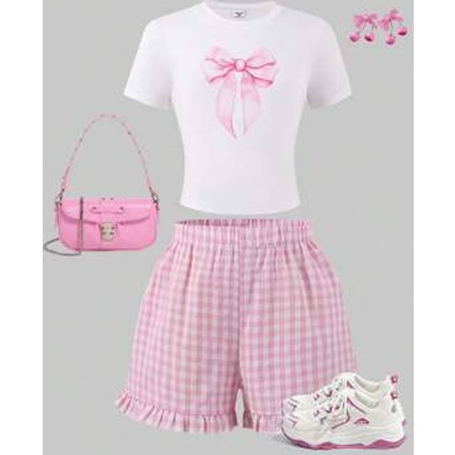 SHEIN Girls Casual Bow & Cherry Graphic Short Sleeve Plaid Shorts 2pcs Set, Slim Fit, Suitable For Daily Casual & Party, Summer Young Girls Sets Summer Outf