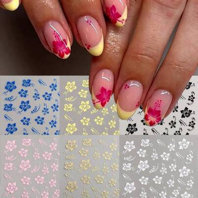 SHEIN Hibiscus Flower 3D Nail Stickers Cherry Blossom Floral White/Black/Gold/Blue Florals Petal Nail Art Decals Sliders Manicure Nail Tips Decor,Y2K Star A