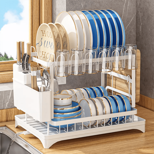 SHEIN 2 Tier Kitchen Sink Dish Drainer Rack With Drip Tray Cutlery Holder Plate Rack
