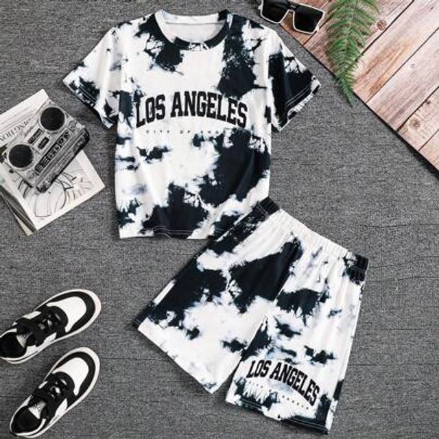 SHEIN 2pcs/Set Tween Boys Los Angeles Letter Tie-Dye Casual Comfortable Round Neck Short Sleeve Tee And Matching Shorts Set, Spring/Summer