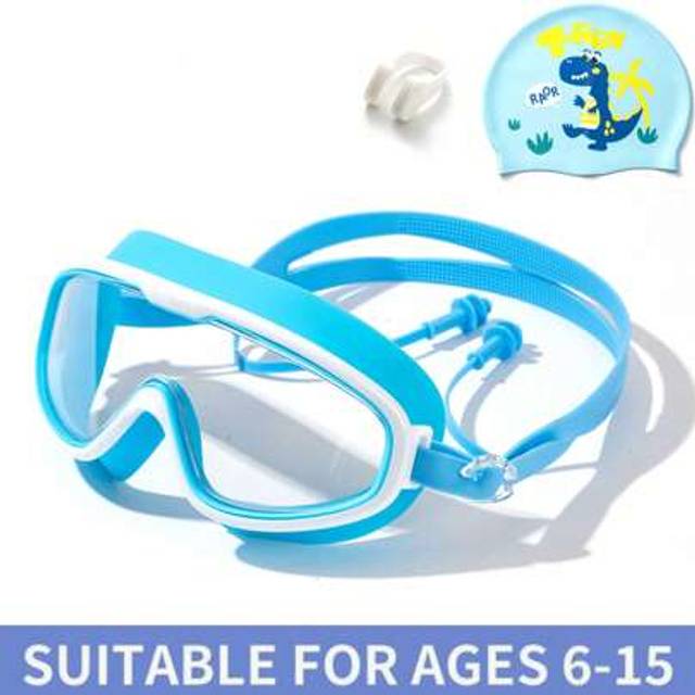 SHEIN Children Swimming Goggles For Age 6-15, Large Frame Protective Swimming Gear Set, Adjustable Headband