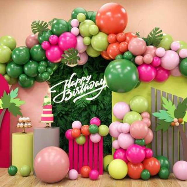 SHEIN 1set Tropical Theme Balloon Flower Garland Arch Kit, Peach & Green Balloon Arch Set For Hawaii Party, Beach Party, Hunting Decor, Jungle Birthday Part