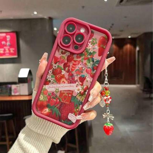SHEIN Flower & Strawberry Painted Detachable Pendant Chain Groove Wine Red Painted Thick Perforation Simple Anti-Drop Thick Phone Protective Case Printed Su