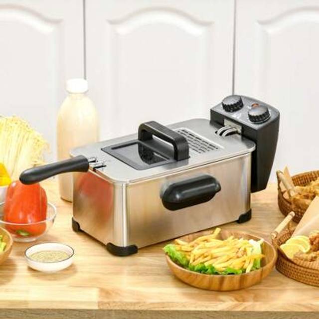 SHEIN HOMCOM 3 Litre Stainless Steel Deep Fat Fryer With Adjustable Temperature, 60min Timer, Removable Oil Basket, Viewing Window And Cut Out, 2000W