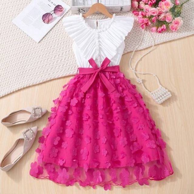 SHEIN Tween Girls Elegant Solid Color Ruffle Blouse & 3D Floral Mesh Skirt Set