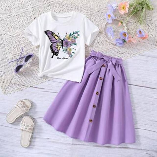 SHEIN 2pcs/Set Tween Girls Butterfly Print Short Sleeve Top And Skirt