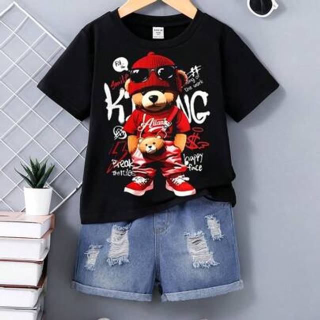 SHEIN Young Boy 2pcs Set: Customized T-Shirt And Denim Shorts