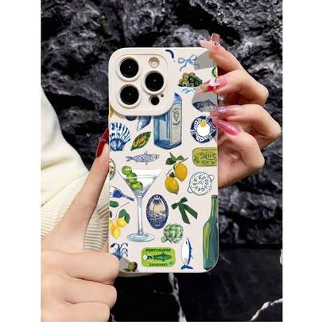 SHEIN 1pc White Lemon Wine Bottle & Salted Fish Graphic Shockproof TPU Phone Case Cover For IPhone 16 15 14 13 12 11 Pro Max