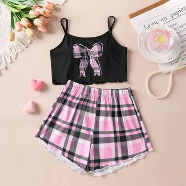 SHEIN 2 Pieces Cute Checkered Bow Pattern Summer Tween Girl Pajamas, Casual And Comfortable, Suitable For Daily Wear At Home And Attending Pajama Parties, C
