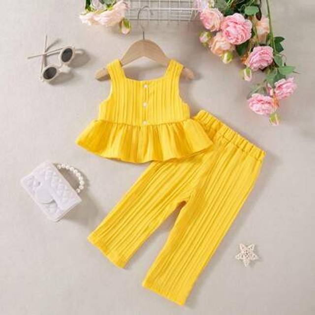 SHEIN 2pcs/Set Baby Girl Summer Outfit - Stripe Strap Vest Top & Pants Set