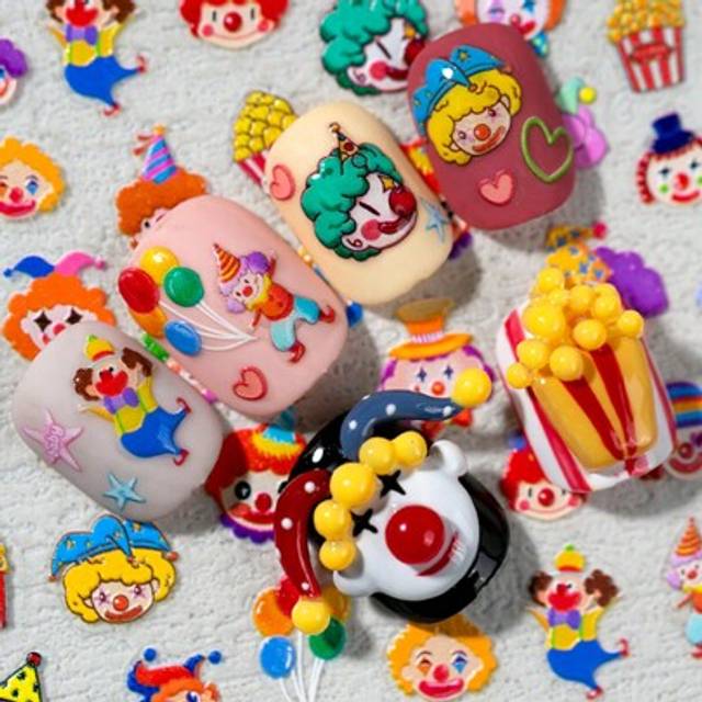SHEIN 1 Embossed Personalized Cartoon Clown Nail Art Sticker With Multiple Personalized Clown, Balloon, French Fries And Other Elements Suitable For Persona