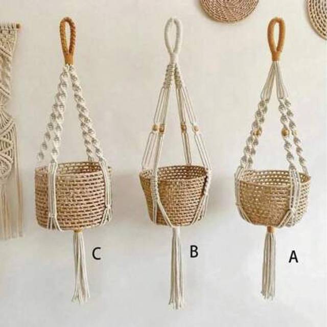 SHEIN 1pc/3pcs Macrame Plant Hanger, Indoor Hanging Planter Basket Holder With Wood Beads, Decorative Flower Pot Holder With Tassels, No Basket Room Decor B