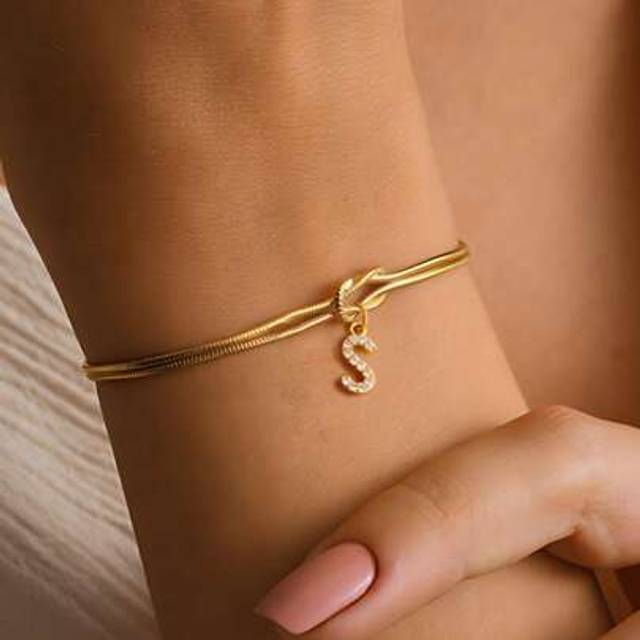 SHEIN 1pc Elegant Minimalist Love Knot Bracelet For Women, Letter A-Z Zirconia Charm, Suitable For Daily Wear Gold Jewelry, Couples Gift