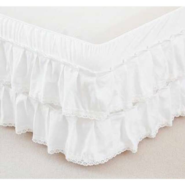 SHEIN 1pc White Polyester Solid Color Bohemian Style Double Ruffle Lace Bed Skirt (1 Bed Skirt), Solid Color Classic, Minimalist And Versatile, Polyester Fa