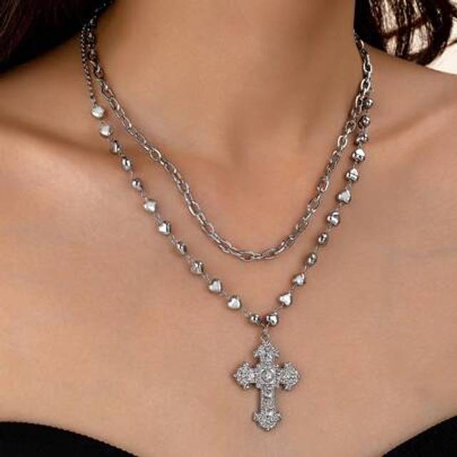 SHEIN 2 Pcs Silver Color Cross Pendant Heart Metal Chain Necklace Stacked Necklaces For Women