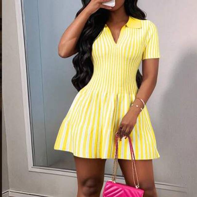 Slaydiva 2025 New Summer Elegant Party & Shopping Mini Polo Collar Striped Sweater Dress