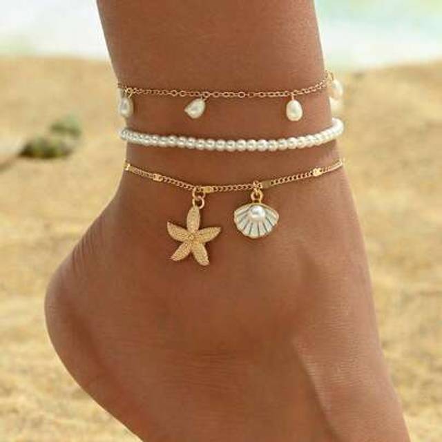 SHEIN 3pcs/Set White Pearl Tassel Sea Star Shell Pendant Anklet Gold Color Multilayer Women Foot Jewelry, Suitable For Daily Wear And Vacation