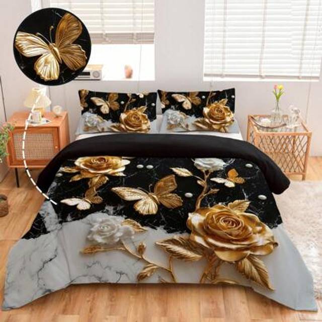 SHEIN 3pcs Set High Definition Digital Print Bedding Set, Broken Gold Rose & Butterfly Duvet Cover Set, Double Size, Cartoon Style Bedroom Decor/Dormitory (