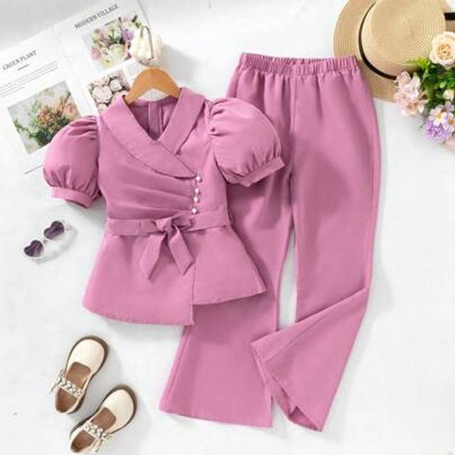 SHEIN Tween Girls Solid Color Short Puff Sleeve Top And Pants Set Young Girls Clothing Sets Two Piece Girls Clothes Sets Girls Outfit Sets Trouser Pants Sui