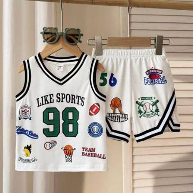 SHEIN 2pcs/Set Baby/Toddler Boys Casual Sports Minimalist Versatile Letter & Numeral Print V-Neck Sleeveless Top & Shorts Set