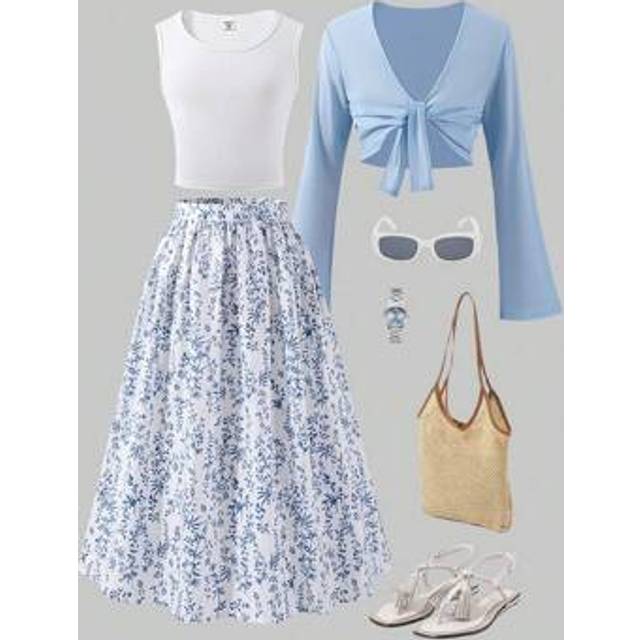 SHEIN Girl Big Youth 3pcs Set: Loose Knit Cardigan, Fitted Tank Top, And Floral Mid-Length A-Line Skirt, Casual And Comfortable Spring/Summer Vacation/Party