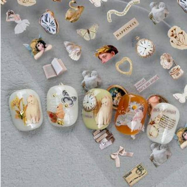 SHEIN 1 European Retro Art Style Nail Art Sticker With Art Patterns Such As Clocks, Famous Paintings, Books, Butterflies, Cats, Etc., Suitable For Personal