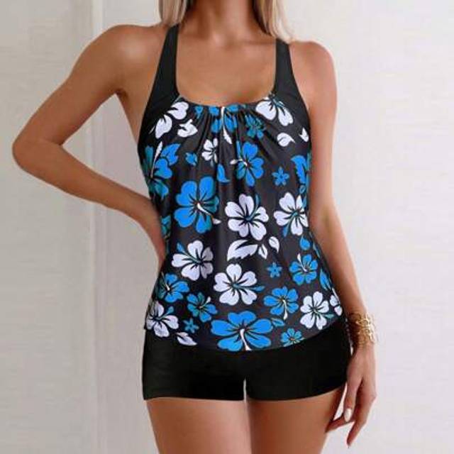 SHEIN Flower Printed Strap Tankini Top And Boxer Briefs 2 Pieces Tankini Sport Set Summer