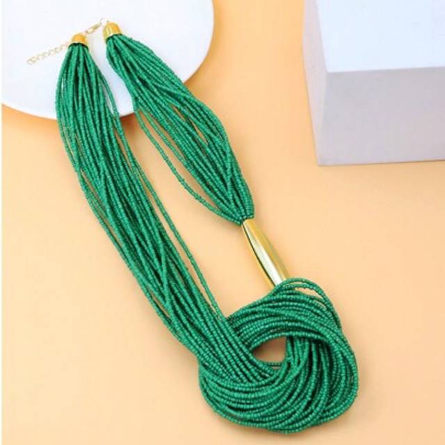 SHEIN 1pc European & American Style Gold Tube Long Knotted Black Seed Bead Multi-Layer Necklace, Boho Chic