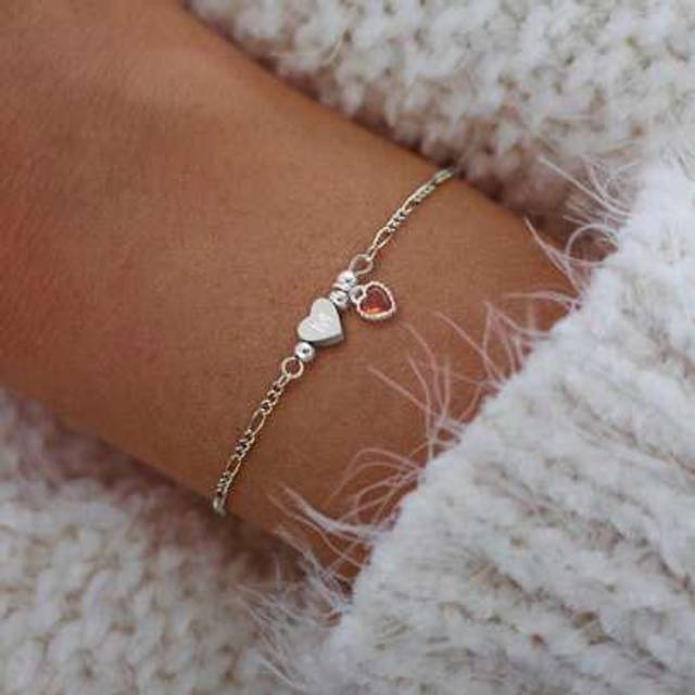 SHEIN 1pc New Vintage Fashion Heart Initial Red Heart Crystal Silvery Stainless Steel NK Chain Bracelet For Women