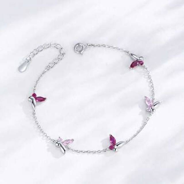 SHEIN 925 Sterling Silver Sweet Pink Butterfly Bracelet For Women, Zirconia Embellished Delicate Luxury Lightweight Summer Accessory