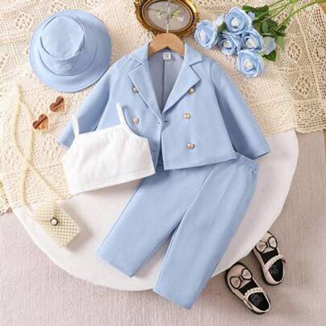 SHEIN Babygirl Casual Simple Solid Color Blazer Collar Long Sleeve Shirt, Camisole And Pants With Hat 3pcs Outfit Set