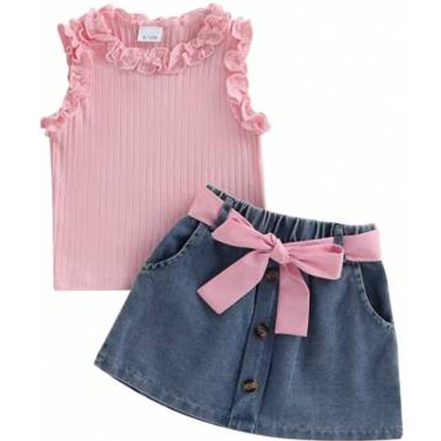 SHEIN Toddler Girls Ruffled Tank Top  Denim Skirt Set - Stylish Summer 2 - Piece Outfit With Belt