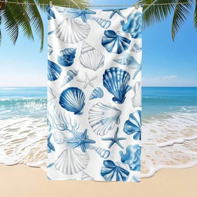 SHEIN 1pc Printed Beach Towel, Shell Pattern Swim Towel, Bath Towel, Fashion Style Beach Towel, Super Absorbent Bath Towel For Bathroom, Swimming, Fitness,