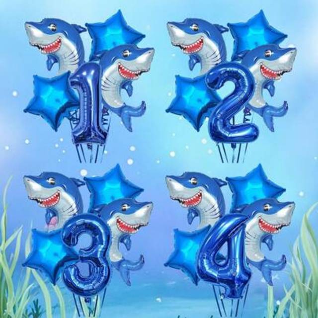 SHEIN 5pcs Blue Shark Themed Balloon Set, Includes Blue Number 0-9 Foil Balloons, Blue Star Balloons, Blue Shark Balloons, Suitable For Boys Girls Birthday